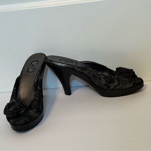 SALPY NEW HEELS SLIDES BLACK SILVER LEATHER HANDMADE SHOES REPTILE LOOK Size 10